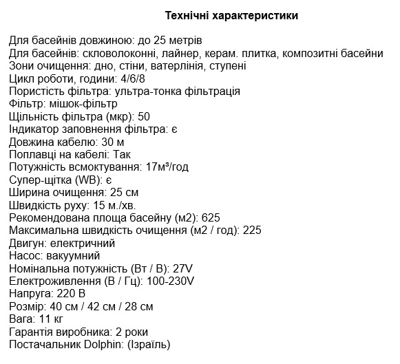 Технічні характеристики Робот пилосос для басейну Dolphin Wave 100